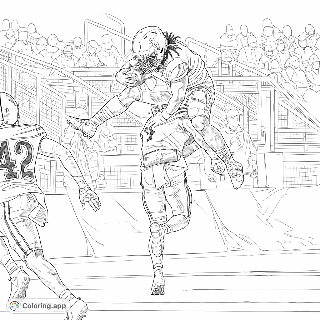 Experience the thrilling moment of a football player leaping over a tackle. This realistic football coloring page captures dynamic action for sports fans.