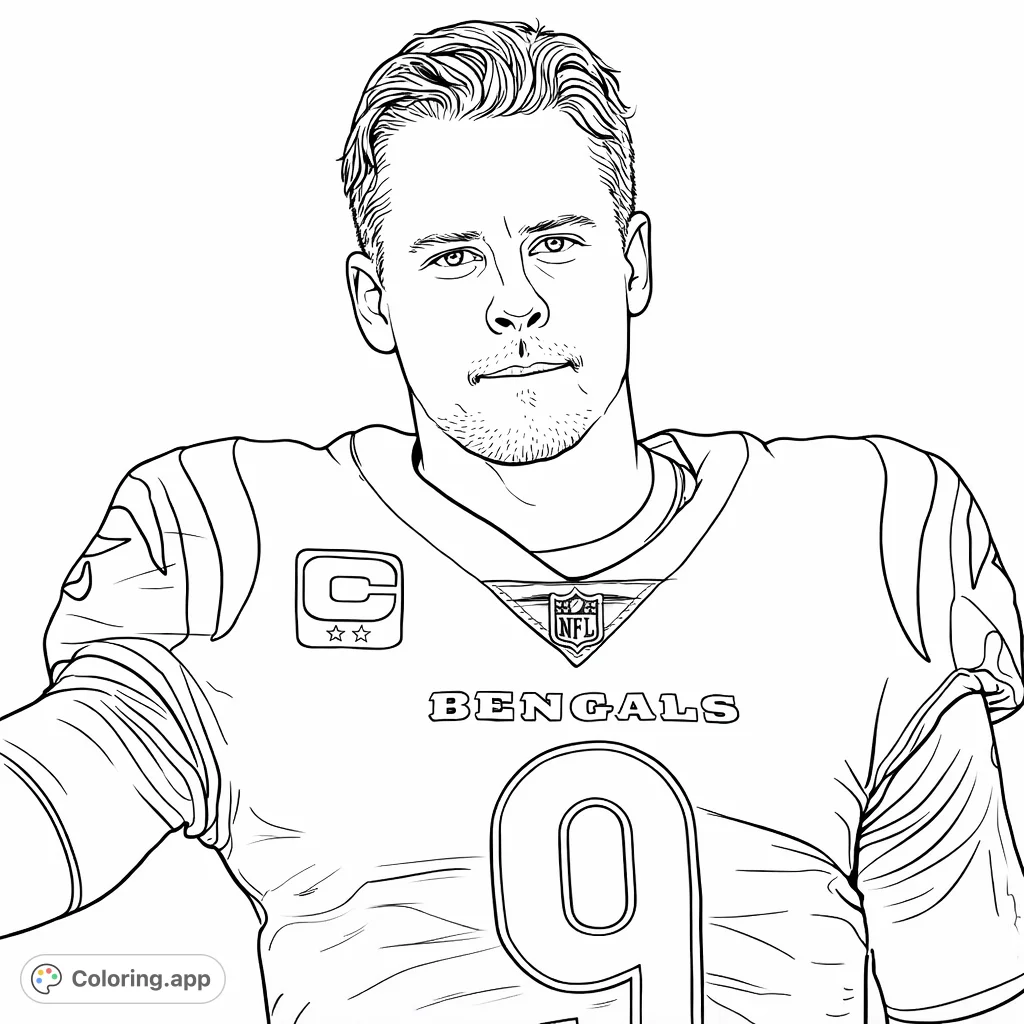 A focused portrait of a football star in his jersey, featuring detailed emblems and a prominent number. Perfect for sports fans to personalize!
