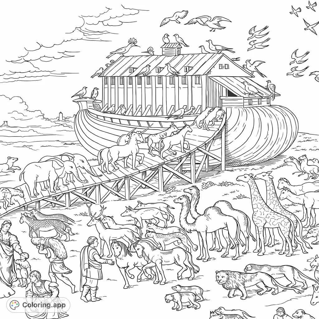 A detailed Noah's Ark scene featuring numerous animals, including elephants, unicorns, and giraffes, ascending the ramp and gathering on the ground.