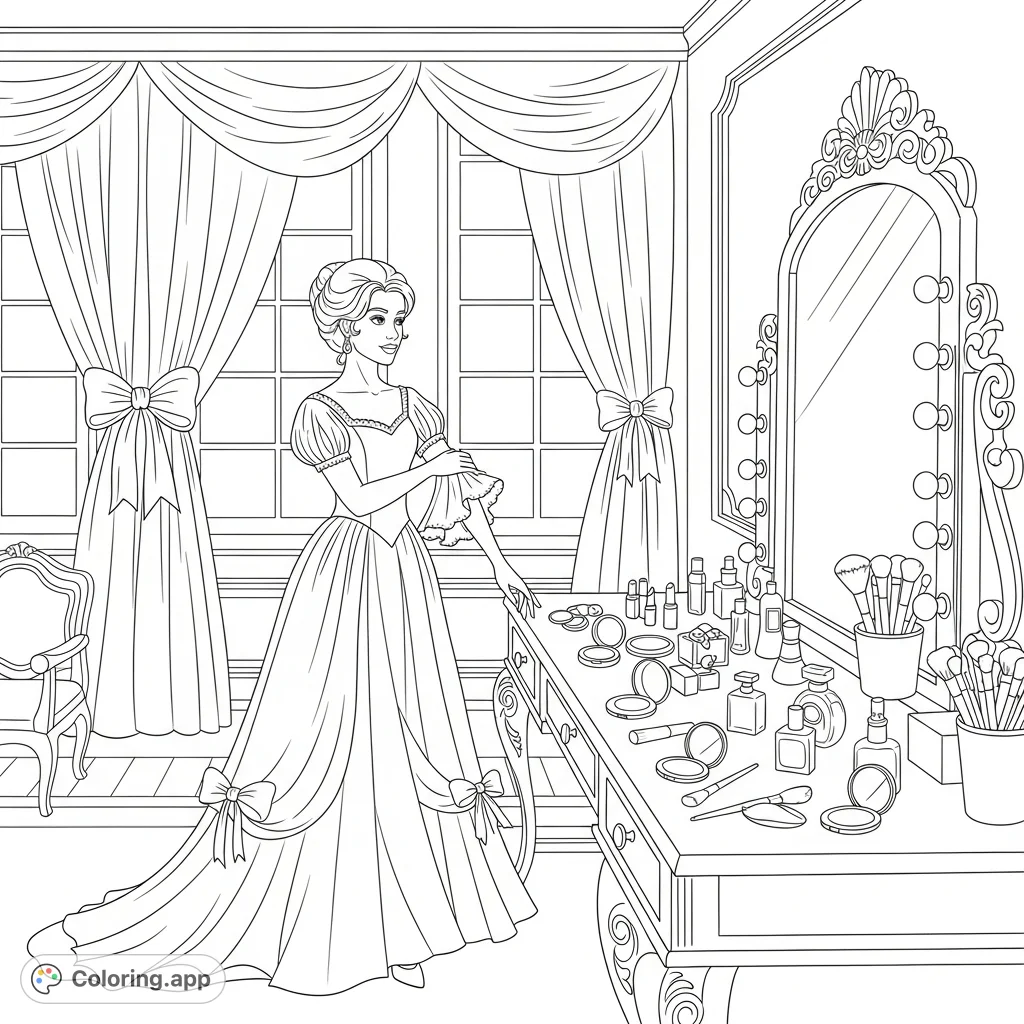 Step into a world of glamour with this elegant dressing room coloring page. Featuring a woman in a flowing gown, a detailed vanity, and chic decor.