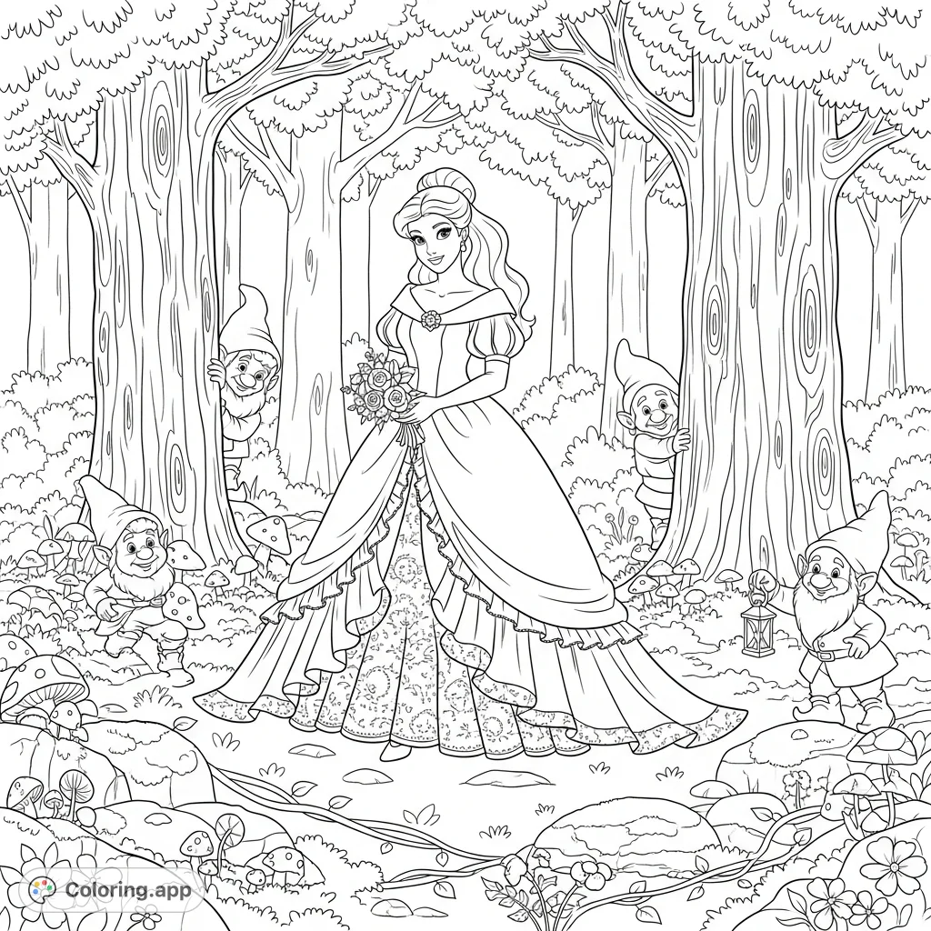 A beautiful princess in a fluffy gown amidst an enchanted forest, surrounded by playful gnomes and abundant nature. A magical fairy tale scene.