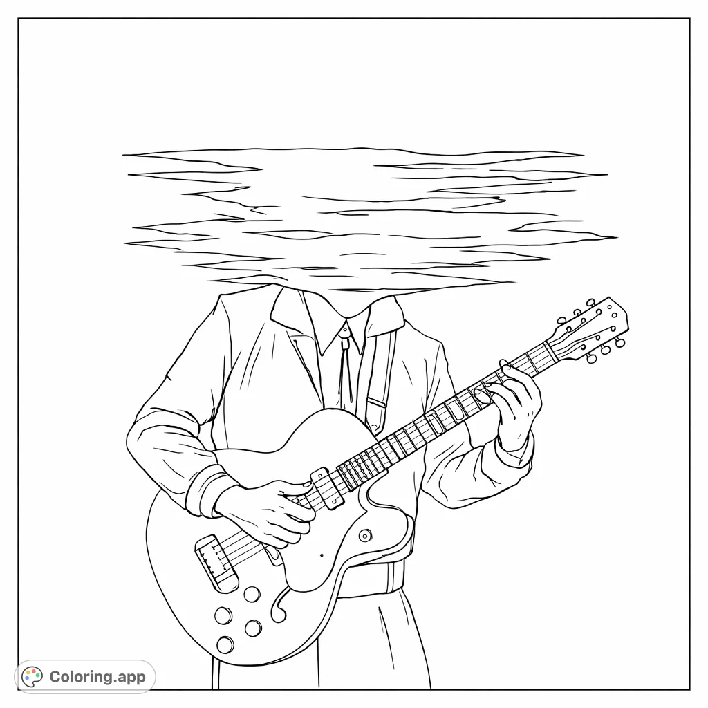 A unique coloring page featuring a guitarist with an abstract, cloud-like head, playing an electric guitar against a minimalist backdrop. Unleash your creativity!