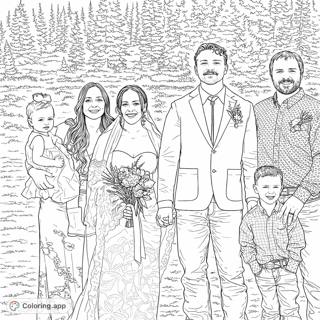 Celebrate a joyous wedding day with this charming family portrait coloring page. Features a bride, groom, and their family in a scenic outdoor setting, perfect for all ages.