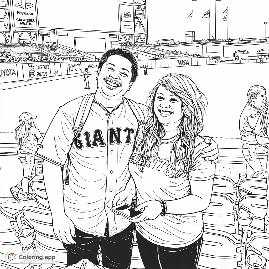 Capture the excitement of a baseball game with this detailed coloring page featuring a smiling couple in the stands, a vast field, and a grand scoreboard.