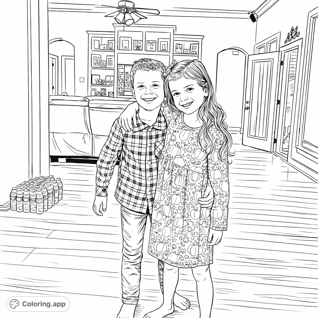 Capture the warmth of a brother and sister in a home setting. A cheerful boy and girl pose together, ready for creative coloring fun!