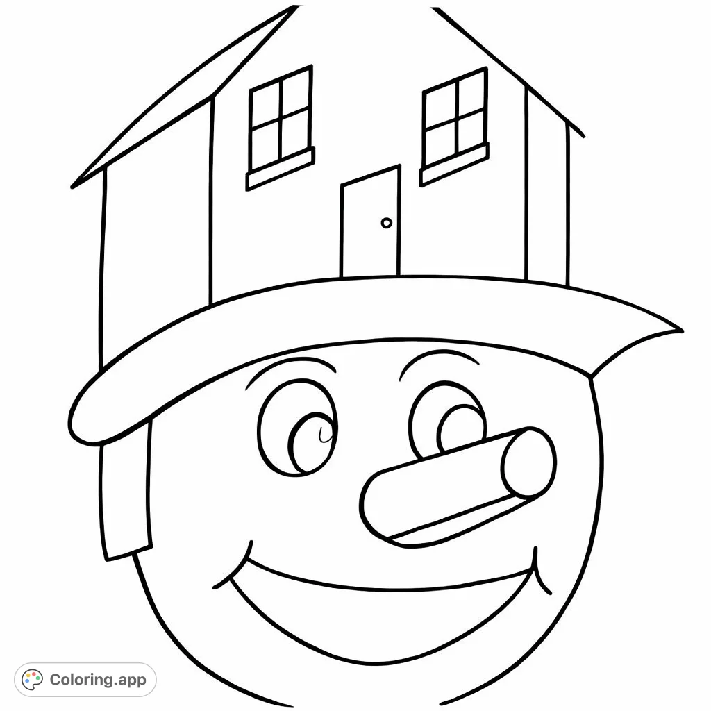 A cheerful character with a house for a hat, featuring a long nose and friendly smile, perfect for imaginative coloring fun.