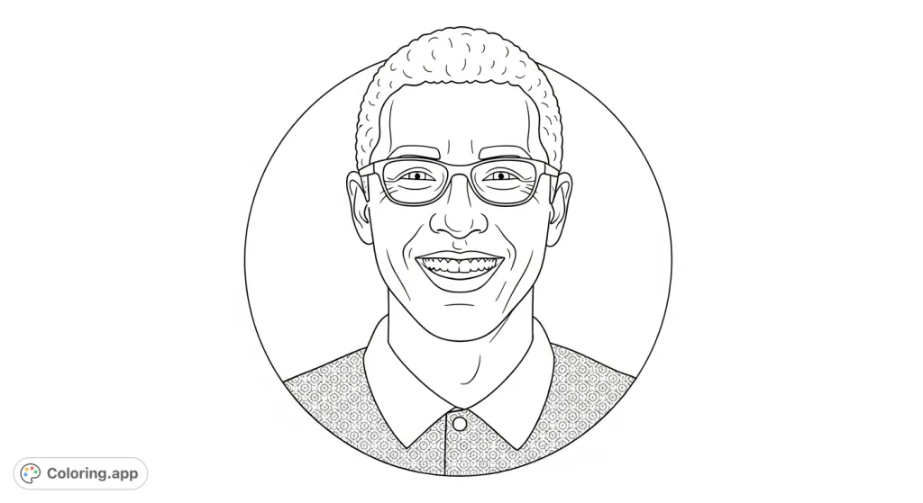 Capture joy with this portrait coloring page featuring a smiling man in a collared, patterned shirt, framed by a circular border. Perfect for all ages.
