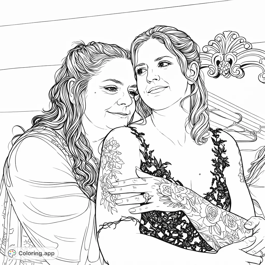 An affectionate embrace between two individuals, featuring detailed tattoos and an ornate background element. Perfect for celebrating close relationships.