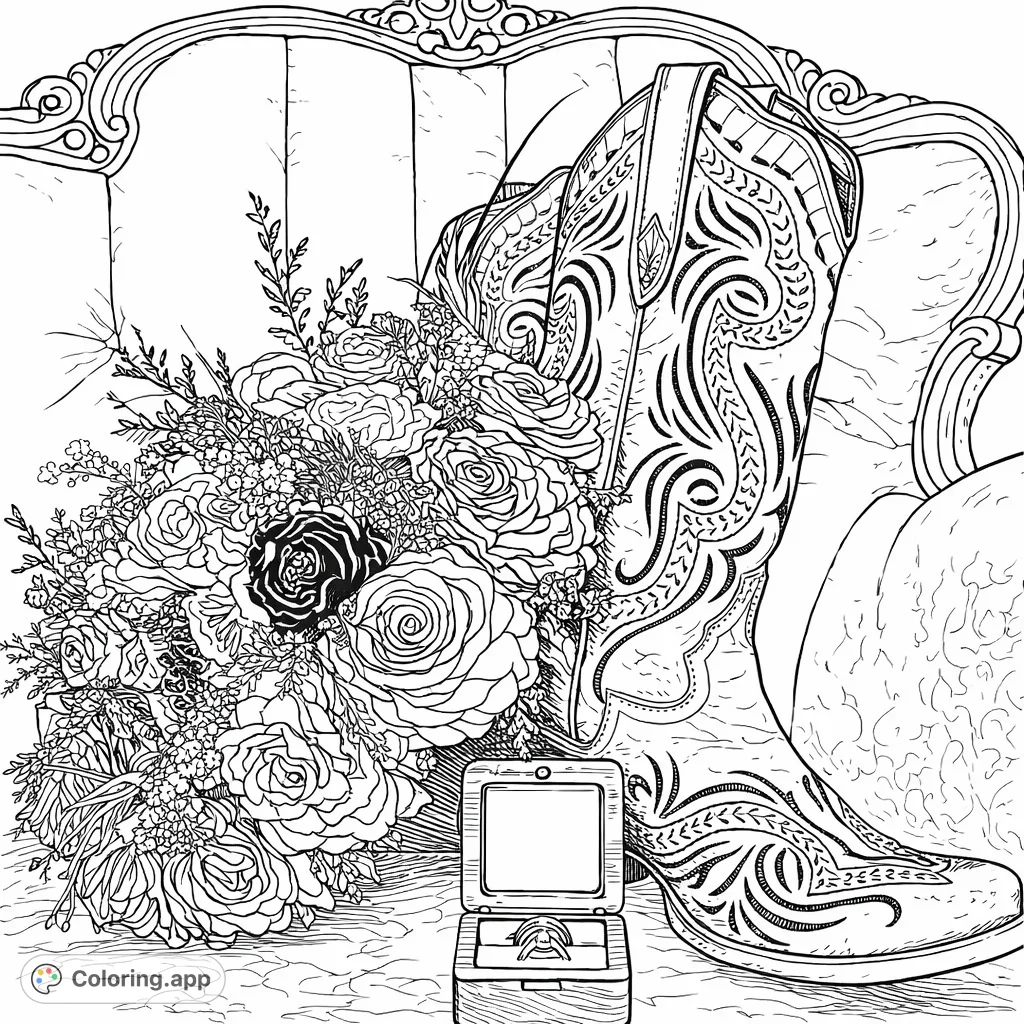 Capture the rustic elegance of a special day with this wedding essentials coloring page, featuring a detailed floral bouquet, a patterned cowboy boot, and a ring box.