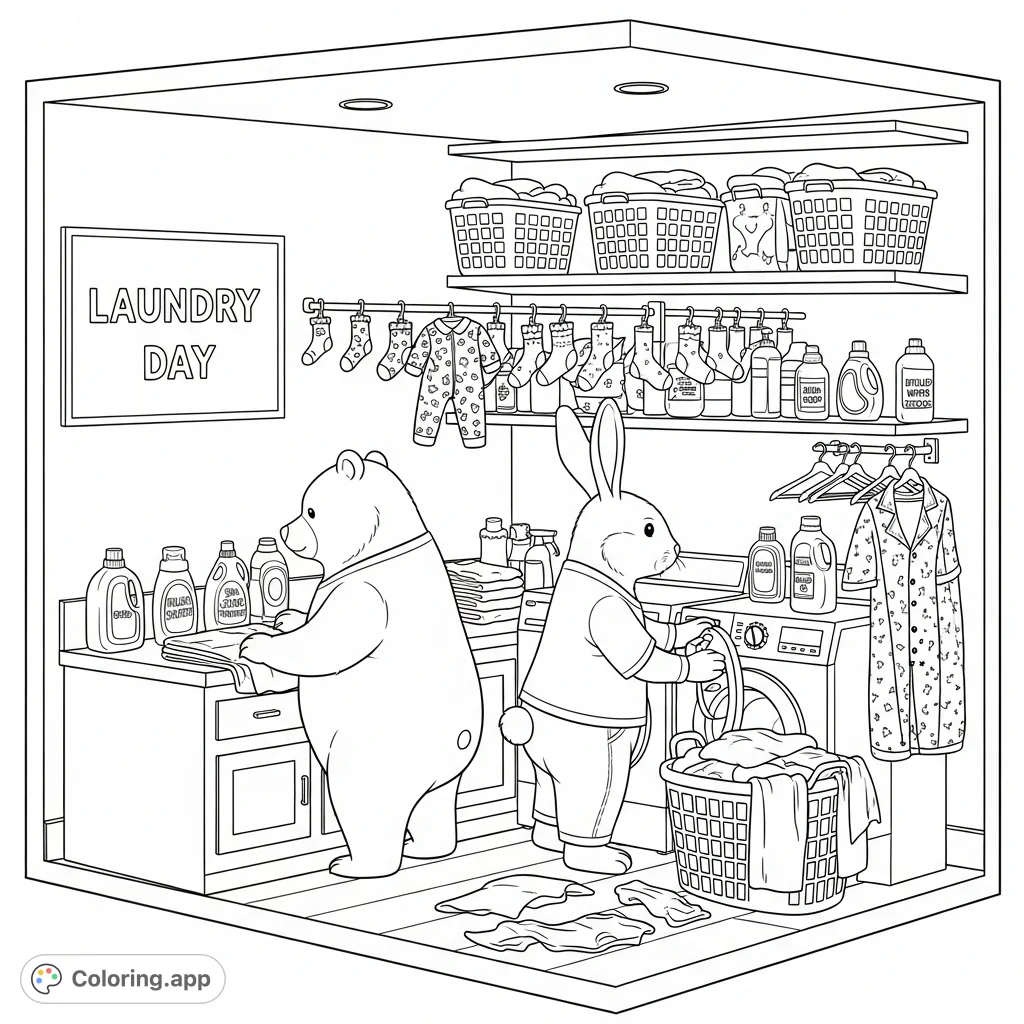 Join a charming bear and rabbit in a detailed laundry room scene, complete with washing machines, tiny socks, and patterned pajamas, perfect for a relaxing coloring session.