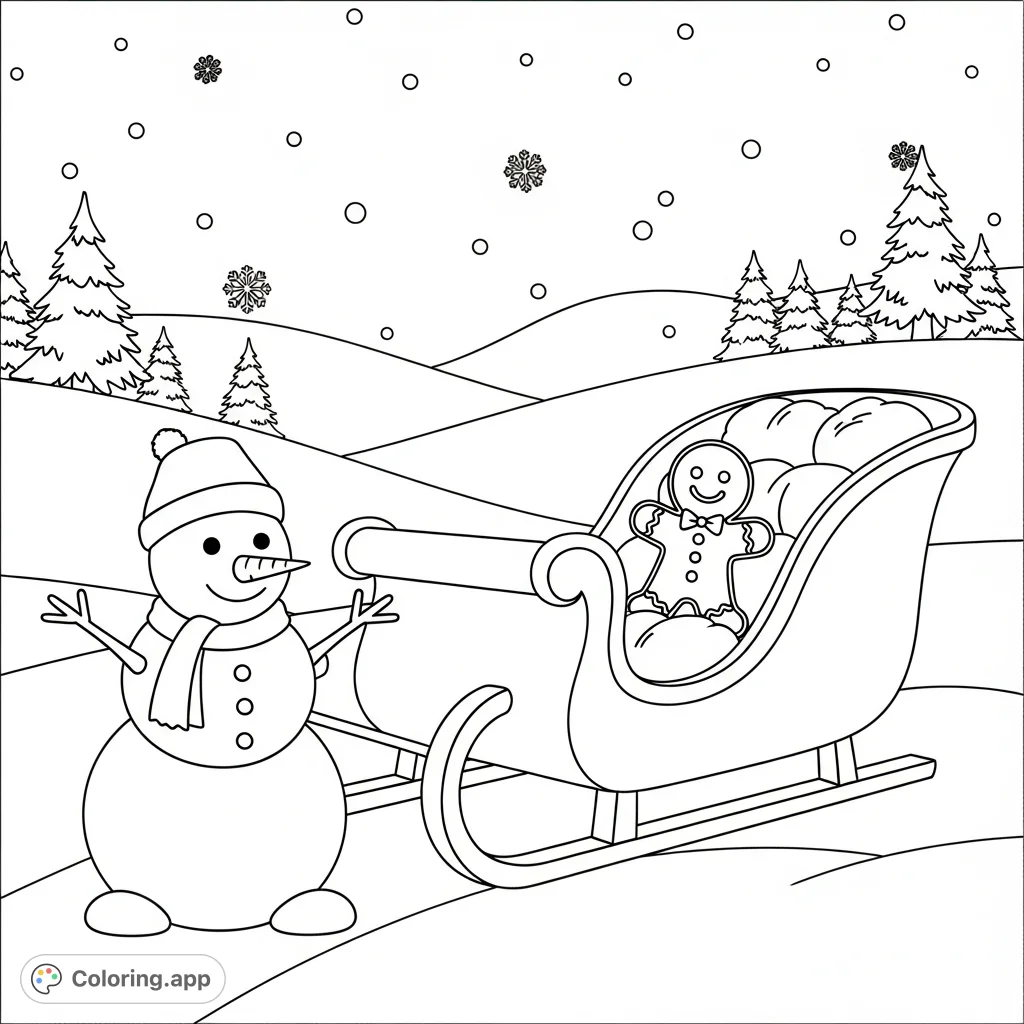 A charming Christmas coloring page featuring a festive sleigh, a joyful snowman, and a friendly gingerbread man in a delightful snowy landscape.