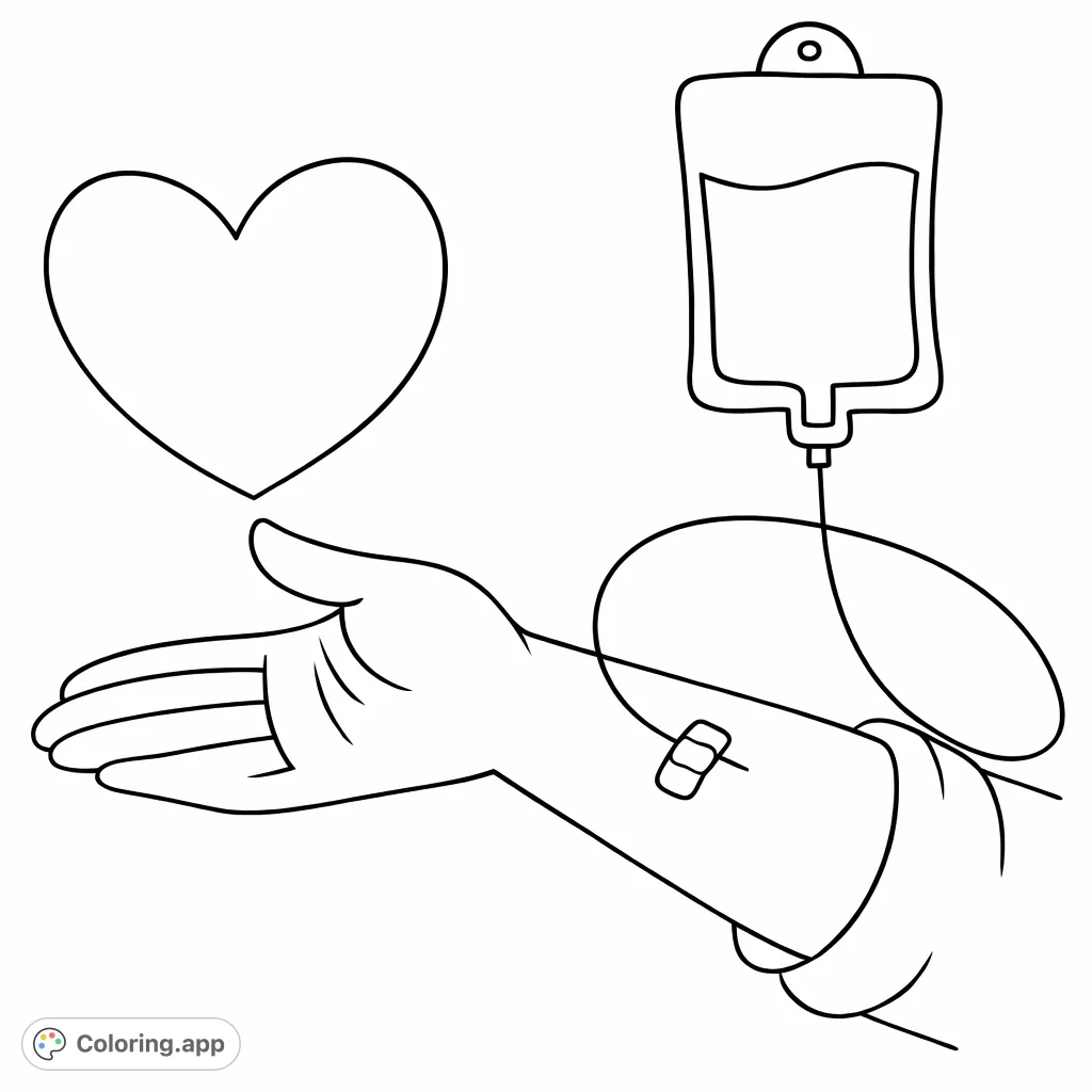 Explore this thoughtful medical care coloring page featuring a hand receiving an IV, a symbolic heart, and a bandage. Perfect for health awareness.