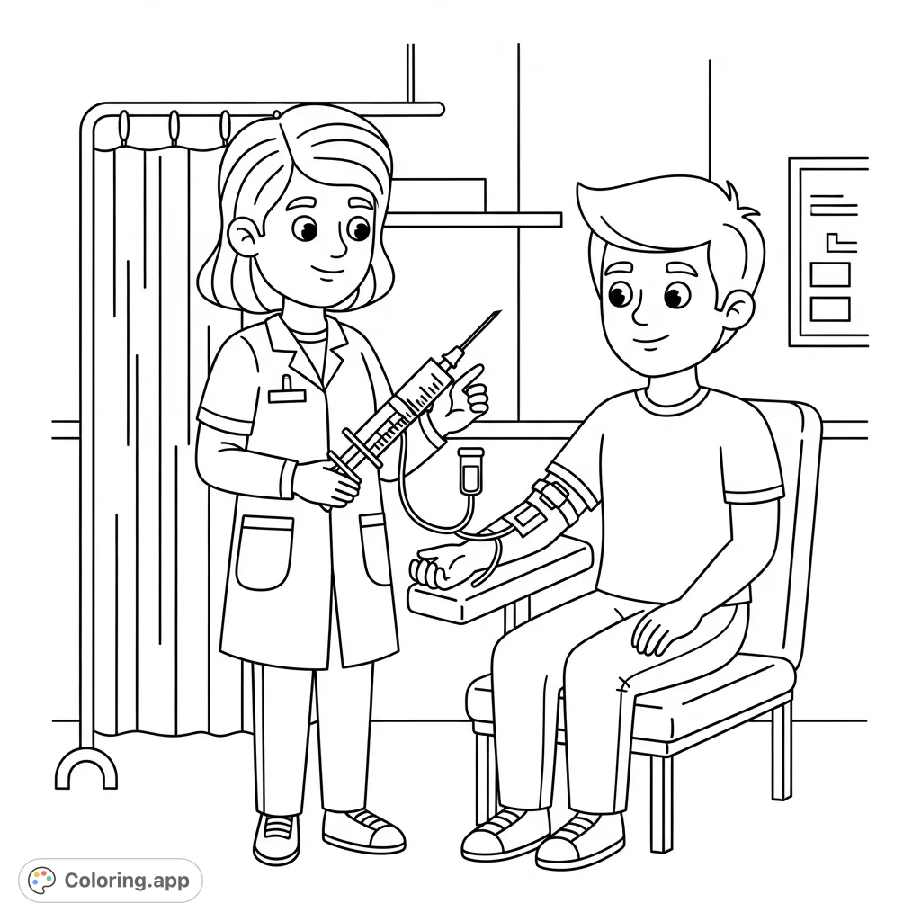 A detailed cartoon blood draw scene featuring a friendly phlebotomist and patient, perfect for health education or medical professionals.