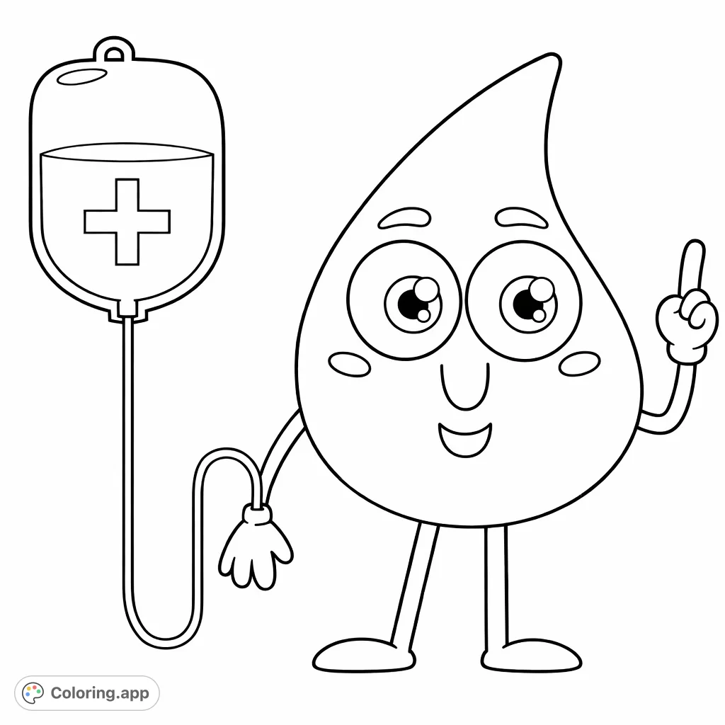A friendly, teardrop-shaped character with an IV bag, offering a simple yet meaningful scene for coloring. Perfect for promoting health and empathy.