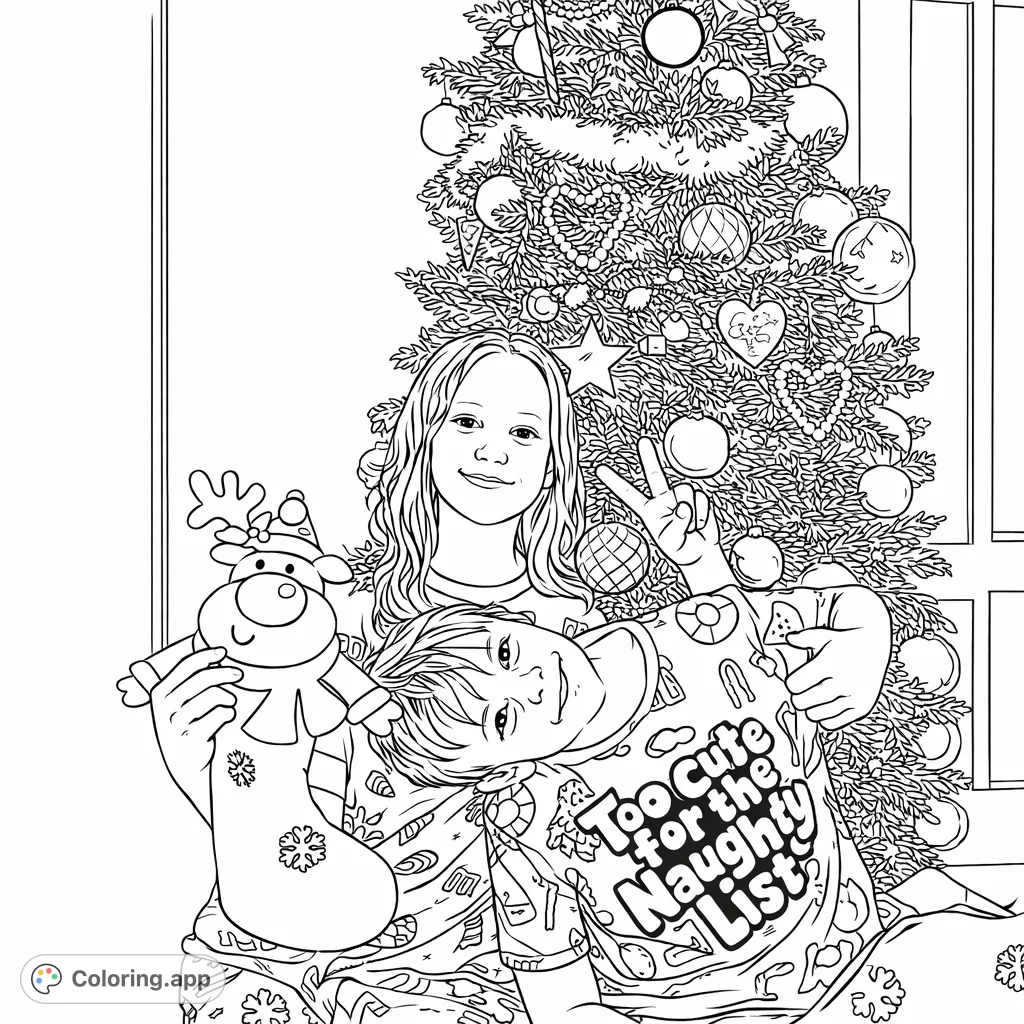 A heartwarming holiday scene featuring two cheerful children posing with a reindeer stocking in front of a beautifully decorated festive tree, perfect for creative coloring.