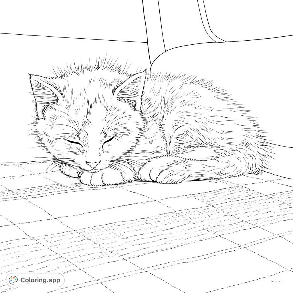 A heartwarming kitten coloring page featuring a fluffy feline sleeping soundly on a striped blanket. Perfect for animal lovers of all ages!