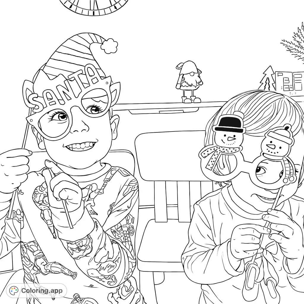 Two cheerful children pose with fun holiday-themed photo booth props. A boy wears a Santa elf mask, while a girl sports snowman glasses.
