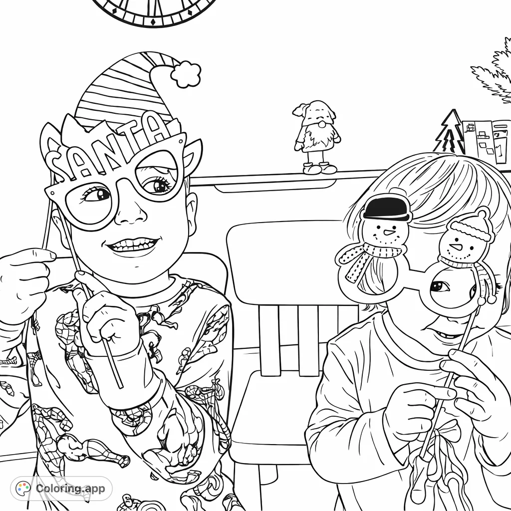 Two joyful children celebrating with fun holiday photo booth props, featuring an elf hat and snowman glasses. A delightful festive scene for coloring!