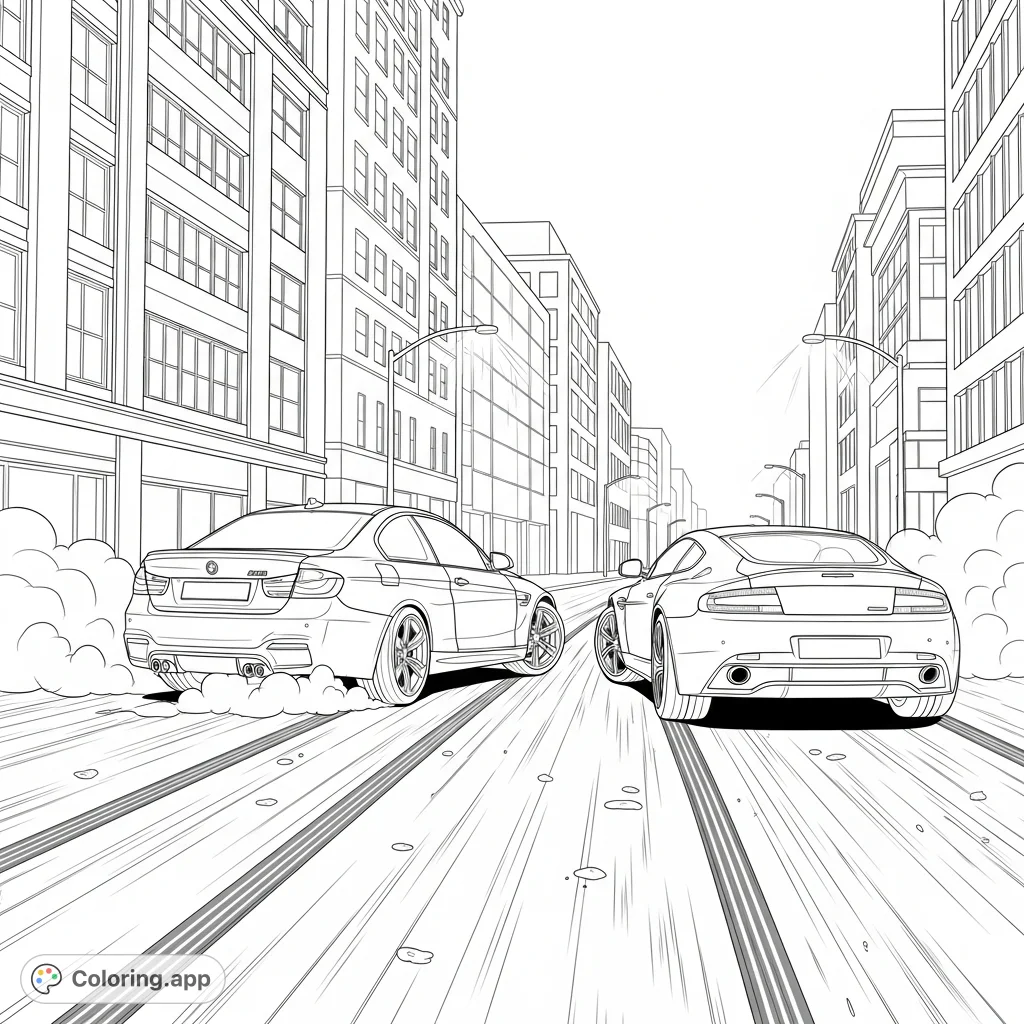 Experience the thrill of two iconic luxury sports cars, a BMW and an Aston Martin, performing a dynamic drift through a detailed city setting. Perfect for car enthusiasts.