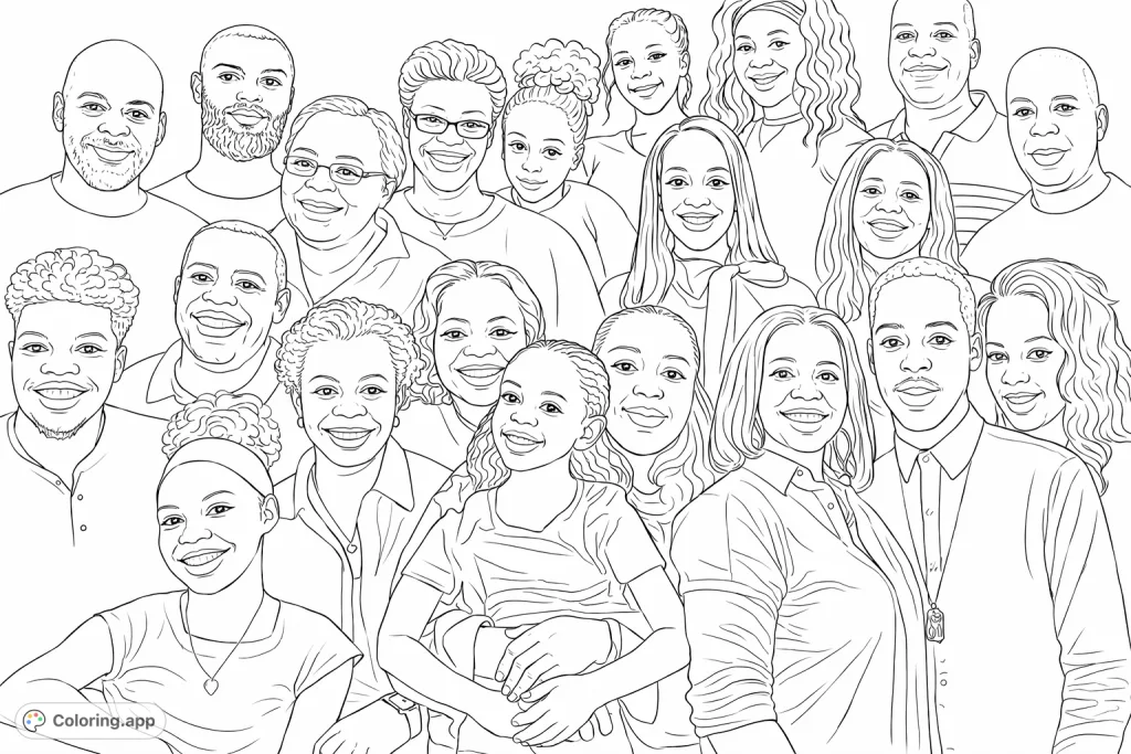 A detailed family portrait coloring page featuring a large group of smiling individuals of all ages. Perfect for personalizing with diverse shades and expressions.