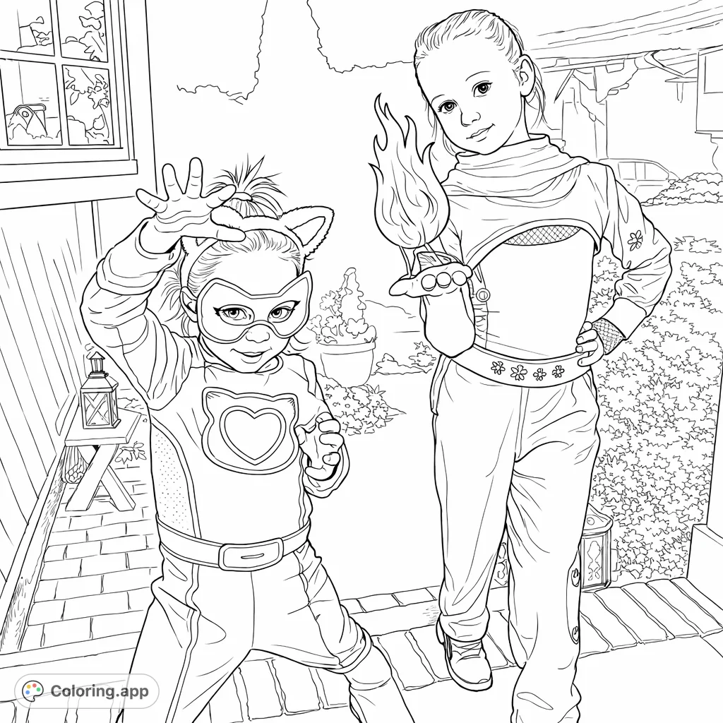 Two children in superhero-like costumes, one with cat ears and a glowing heart emblem, the other holding a luminous flame. A dynamic, fun scene for coloring.