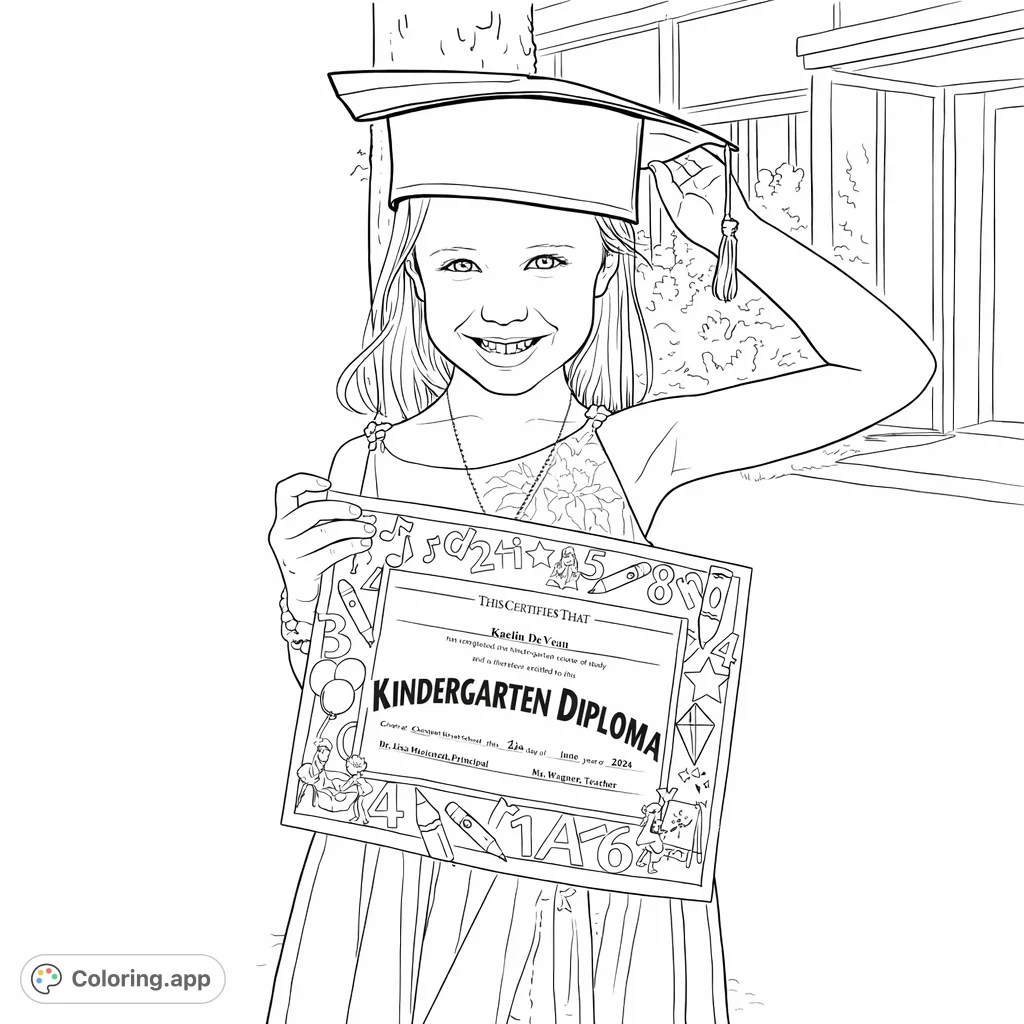 Celebrate a special milestone! A happy kindergarten graduate proudly displays her diploma, ready for imaginative coloring fun.