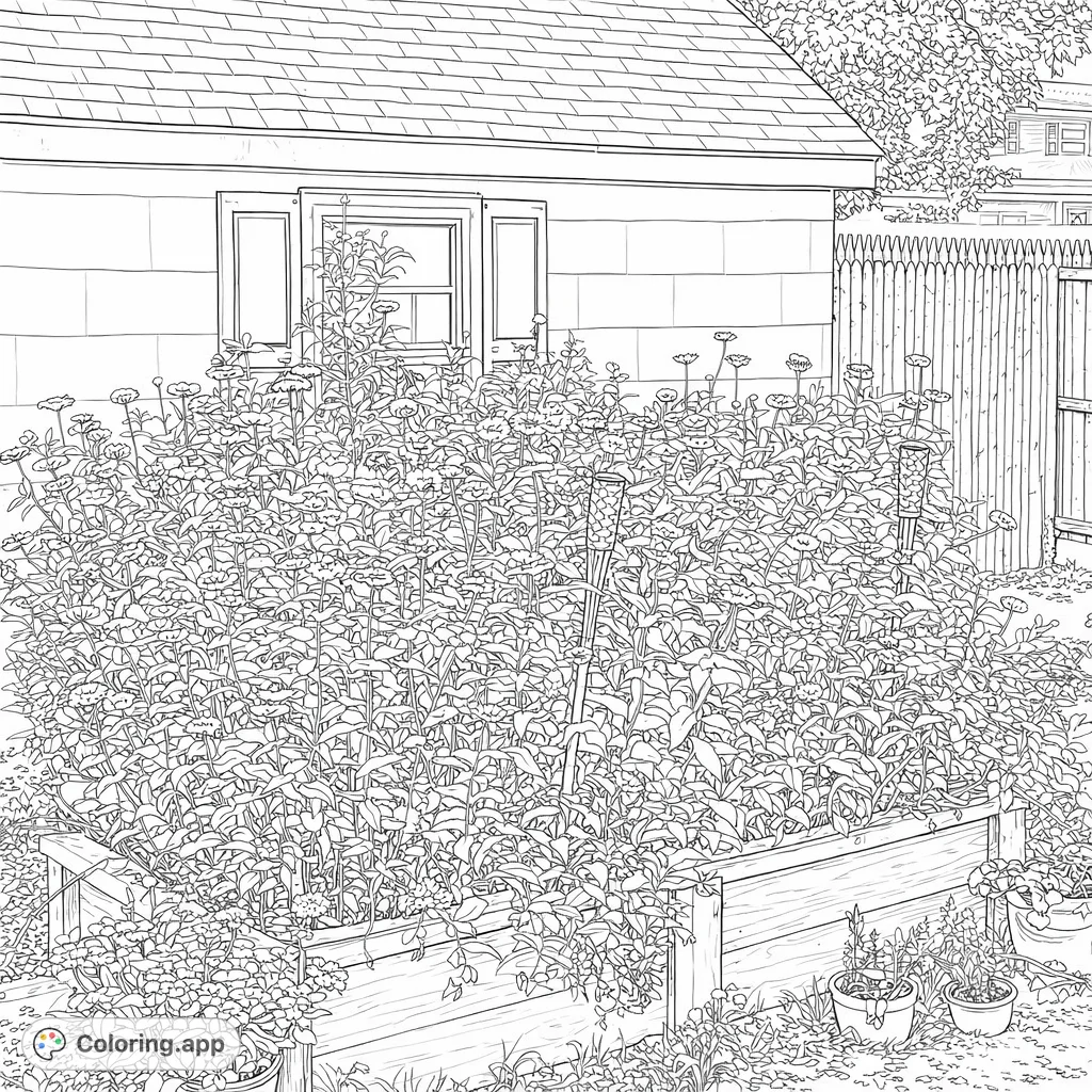 A delightful zinnia garden bursts with blooms in a raised wooden planter, set against a charming shed and a rustic fence. Perfect for nature lovers.