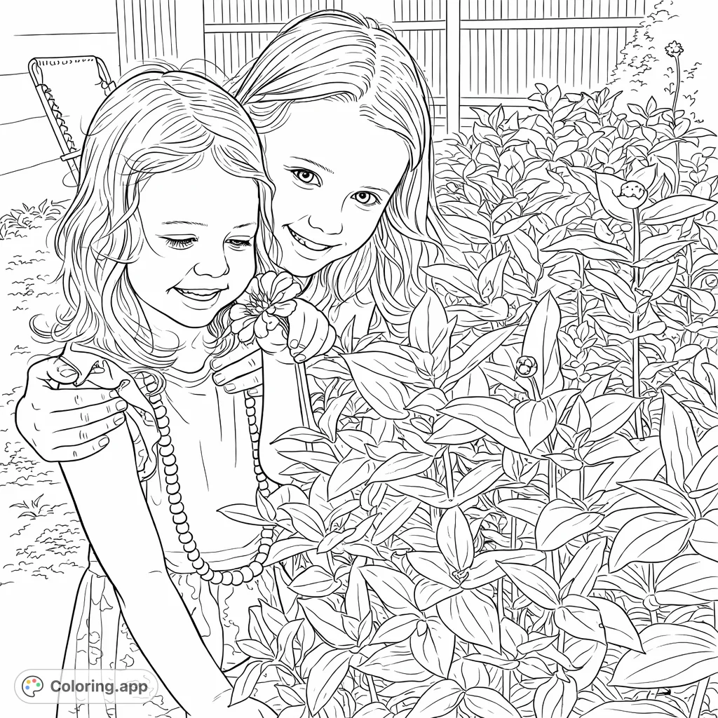 A heartwarming garden scene featuring two smiling sisters and a beautiful bloom. A delightful free printable nature coloring page for kids and families.