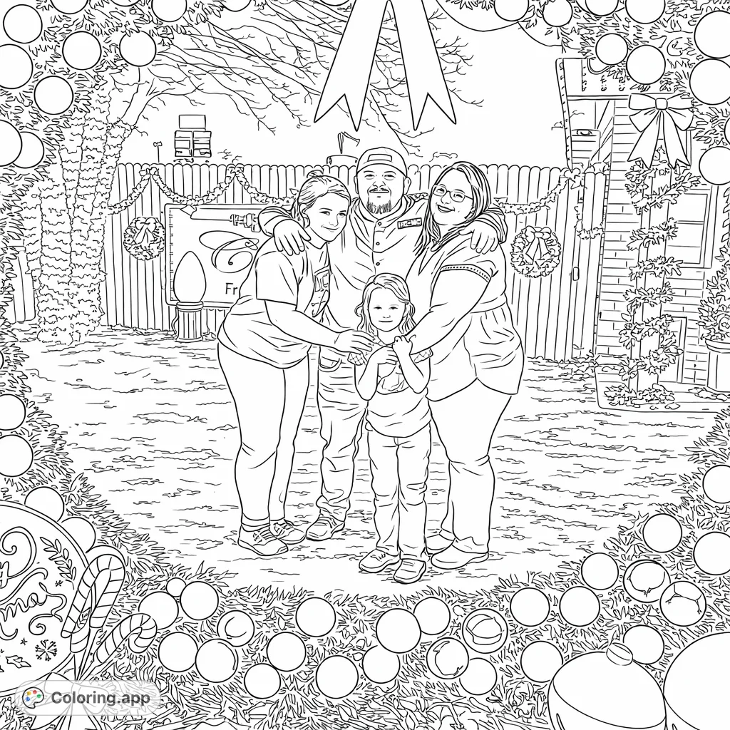 A heartwarming family scene framed by a festive arch of garland, ornaments, and lights. Capture the joy of togetherness in this detailed holiday portrait.