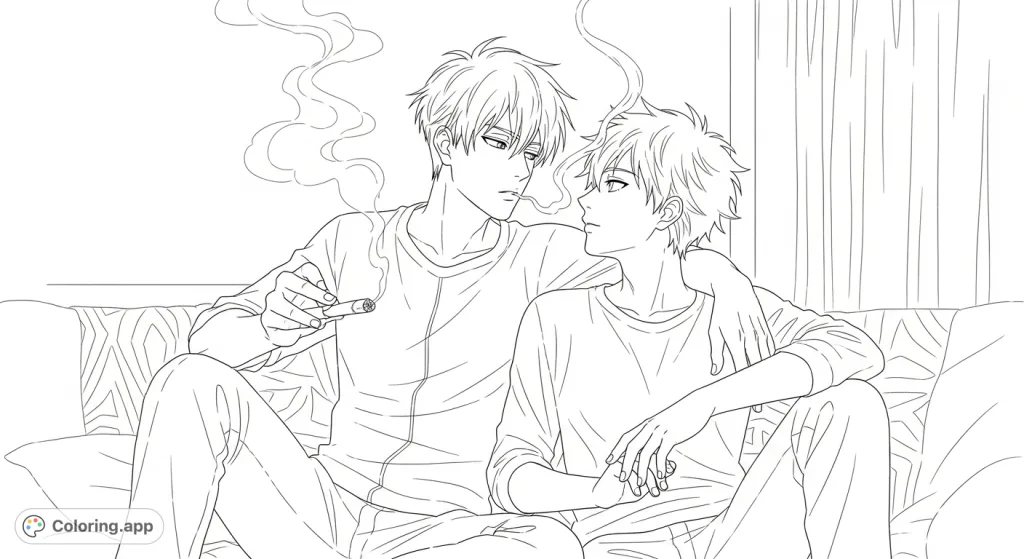 A heartfelt Jujutsu Kaisen coloring page featuring Gojo Satoru and Geto Suguru in a close, intimate moment. Expressive and detailed for fans to enjoy.