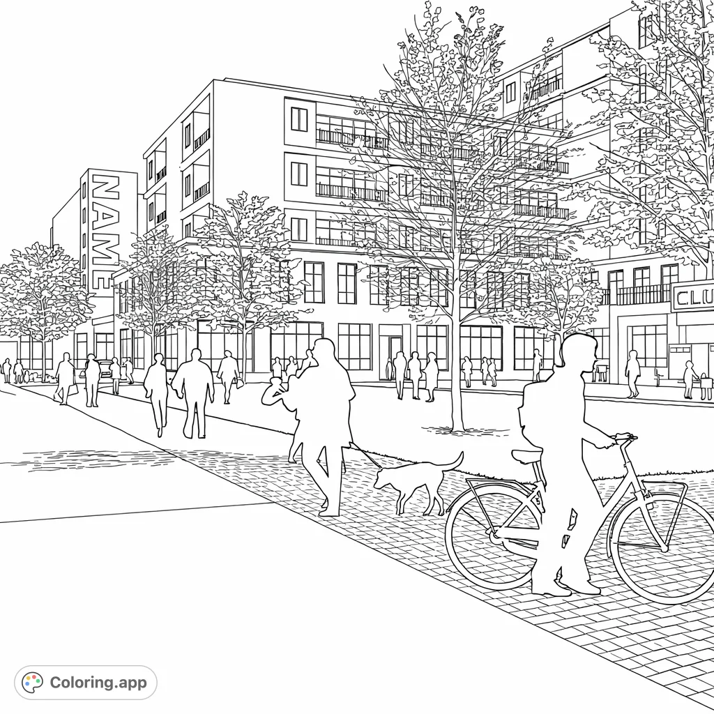 An engaging modern cityscape coloring page featuring towering buildings, a lively park area, and detailed street paths, perfect for exploring urban textures.