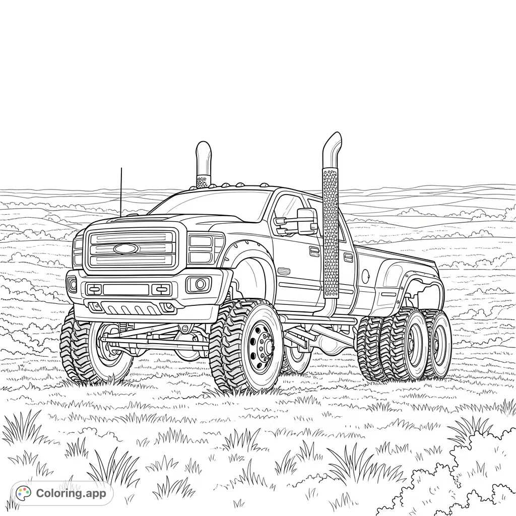 Experience the power of a detailed 6x6 dually pickup truck coloring page. This free printable features a rugged vehicle with big exhausts in an open field.
