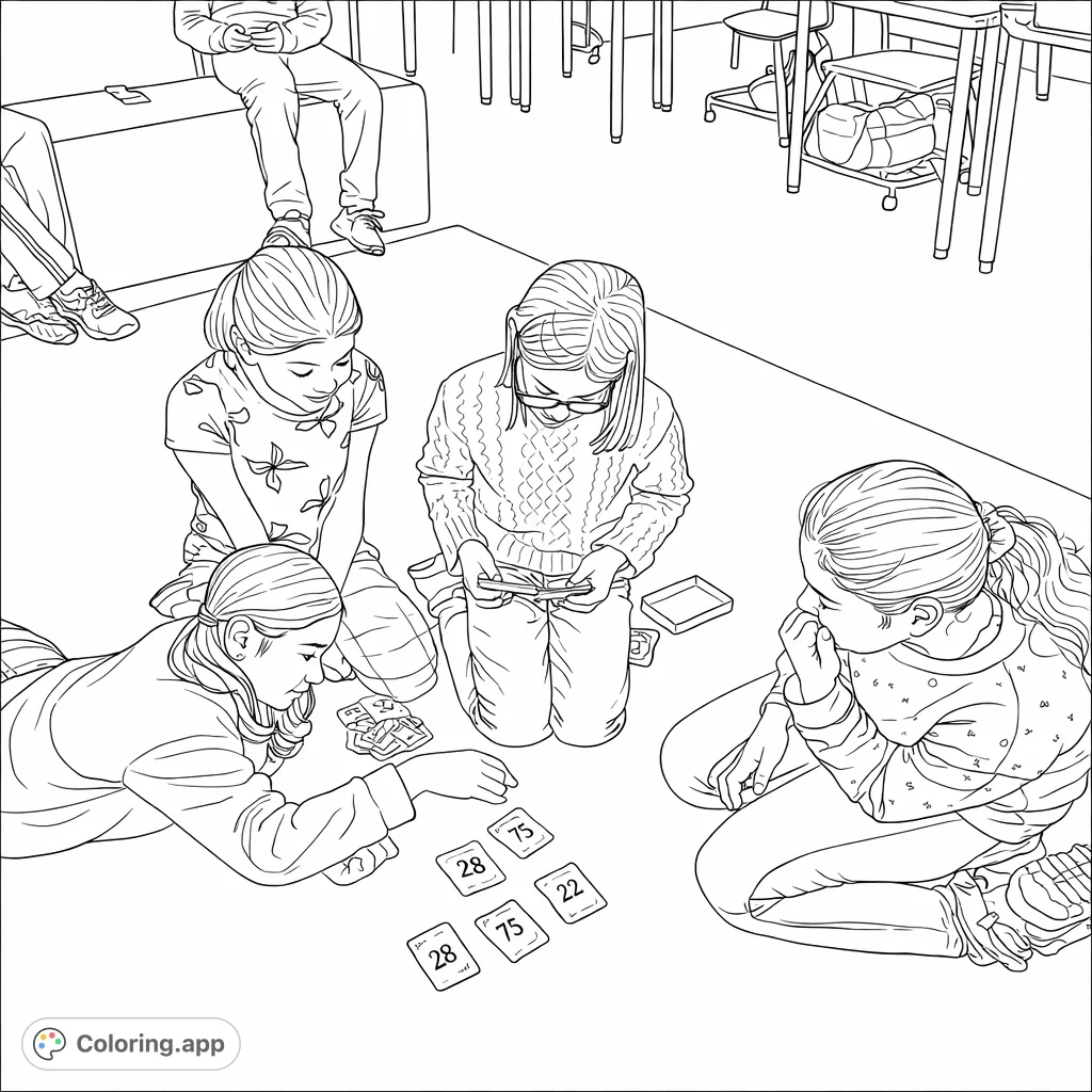 Join four friends for a fun card game on the floor. This engaging scene captures concentration and friendly competition, perfect for coloring.