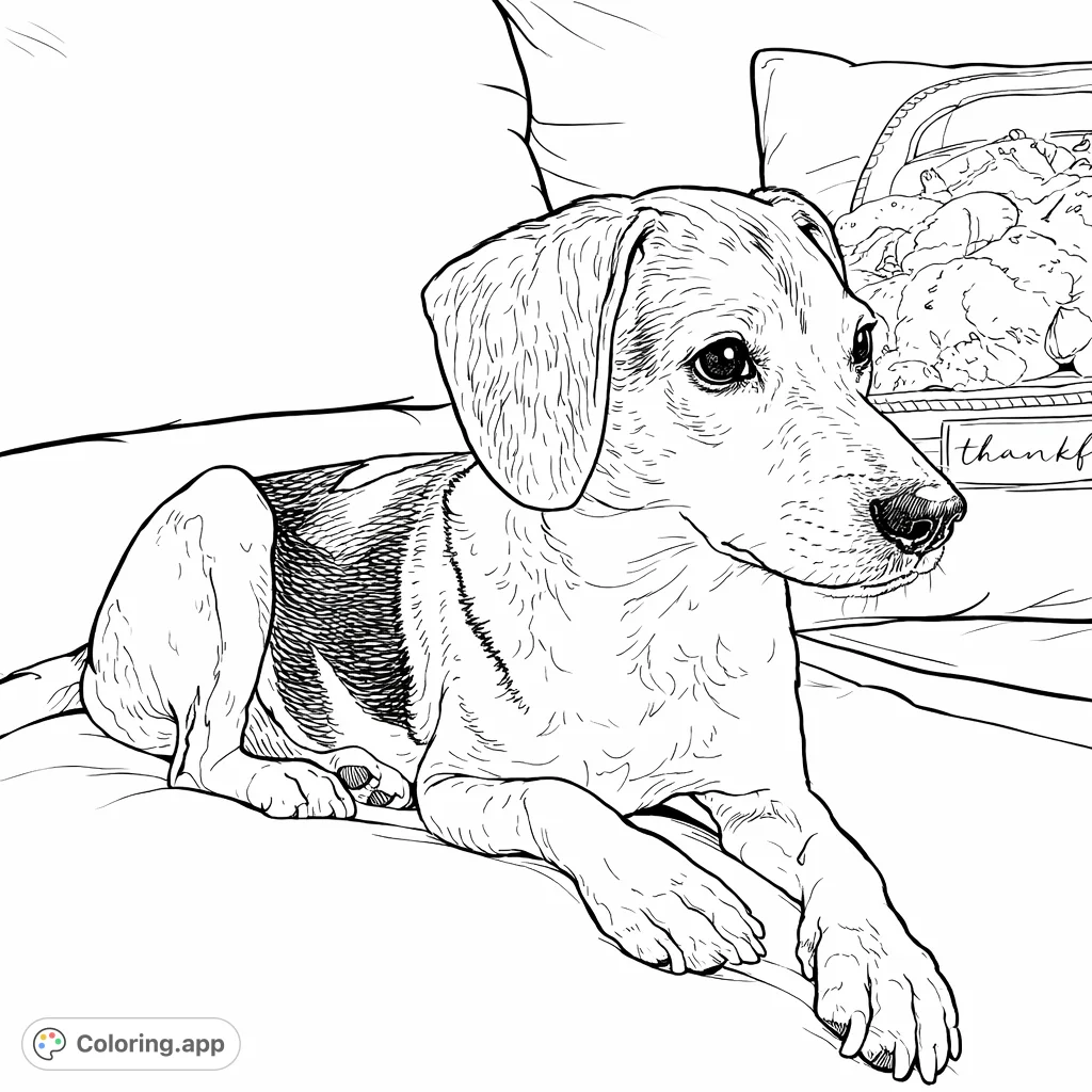 A charming dog rests peacefully on a cozy couch, looking forward. Perfect for pet lovers, this free printable dog coloring page captures a tranquil moment.