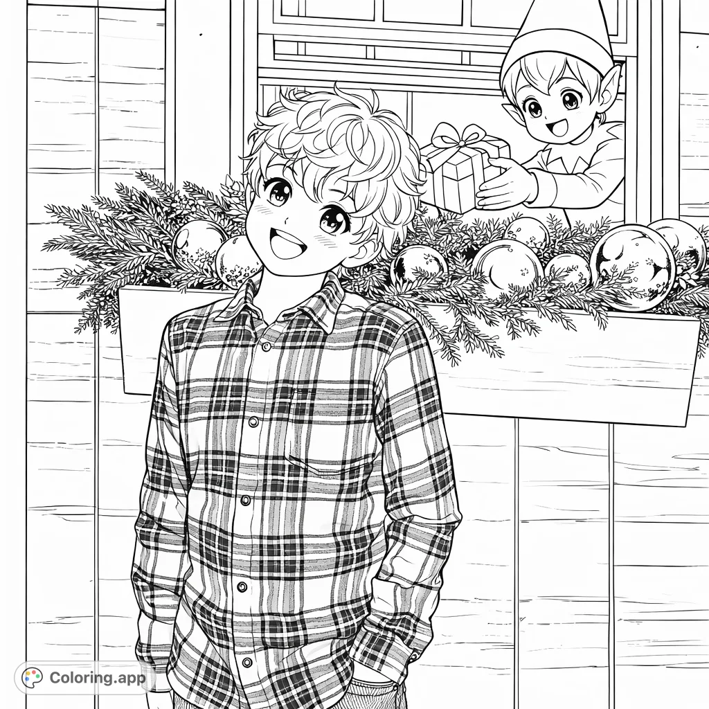 An anime-style boy smiles beside a festive window, where an Elf on the Shelf delivers a present. A charming free printable holiday coloring page.