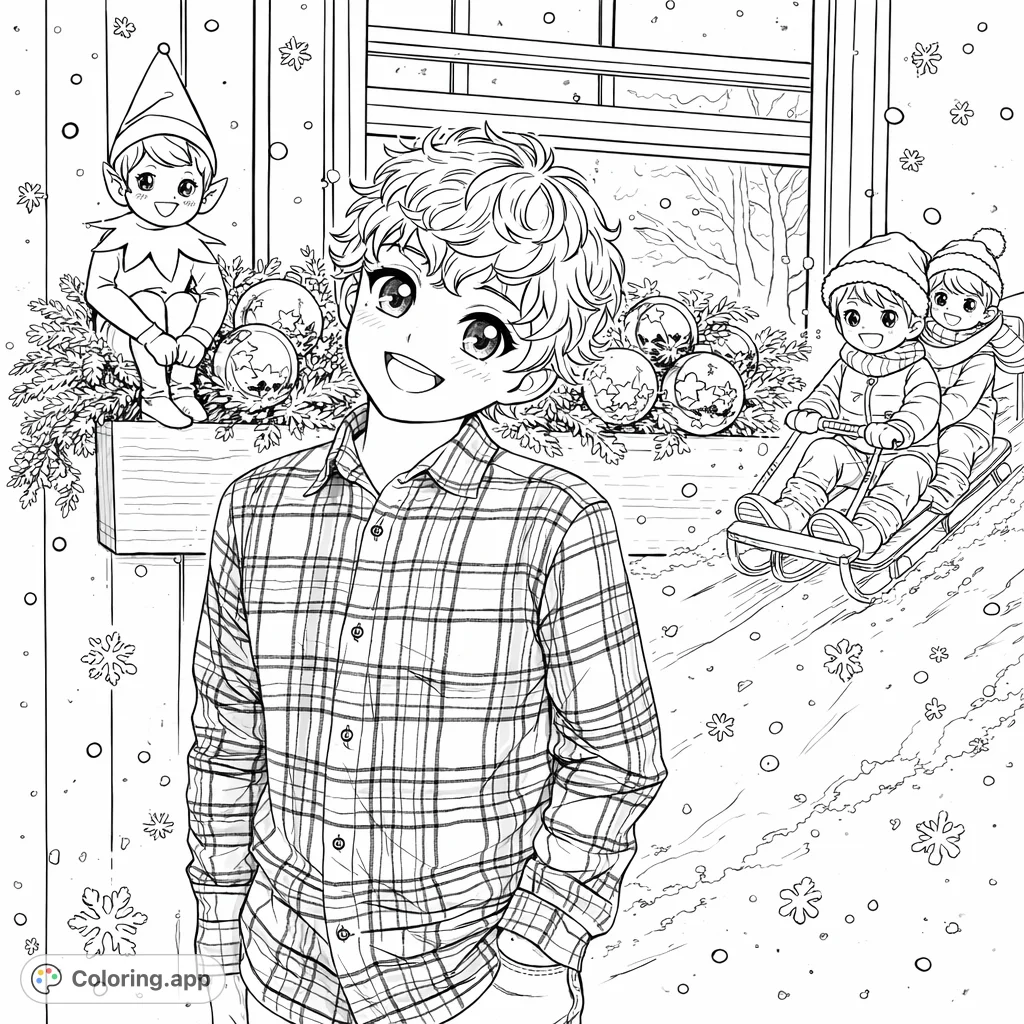 A cheerful anime-style boy in a plaid shirt with characteristic eyes, stands by a festive window, with snowing background, an elf on the shelf, and sledding elements.