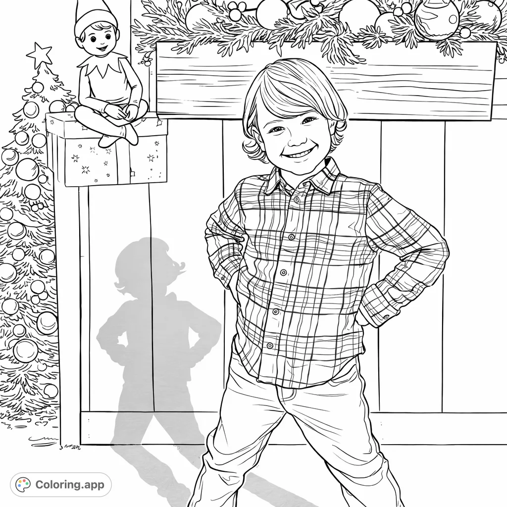An adorable child in a plaid shirt stands before a festive scene featuring an elf on the shelf and a decorated Christmas tree, ready for holiday coloring fun.
