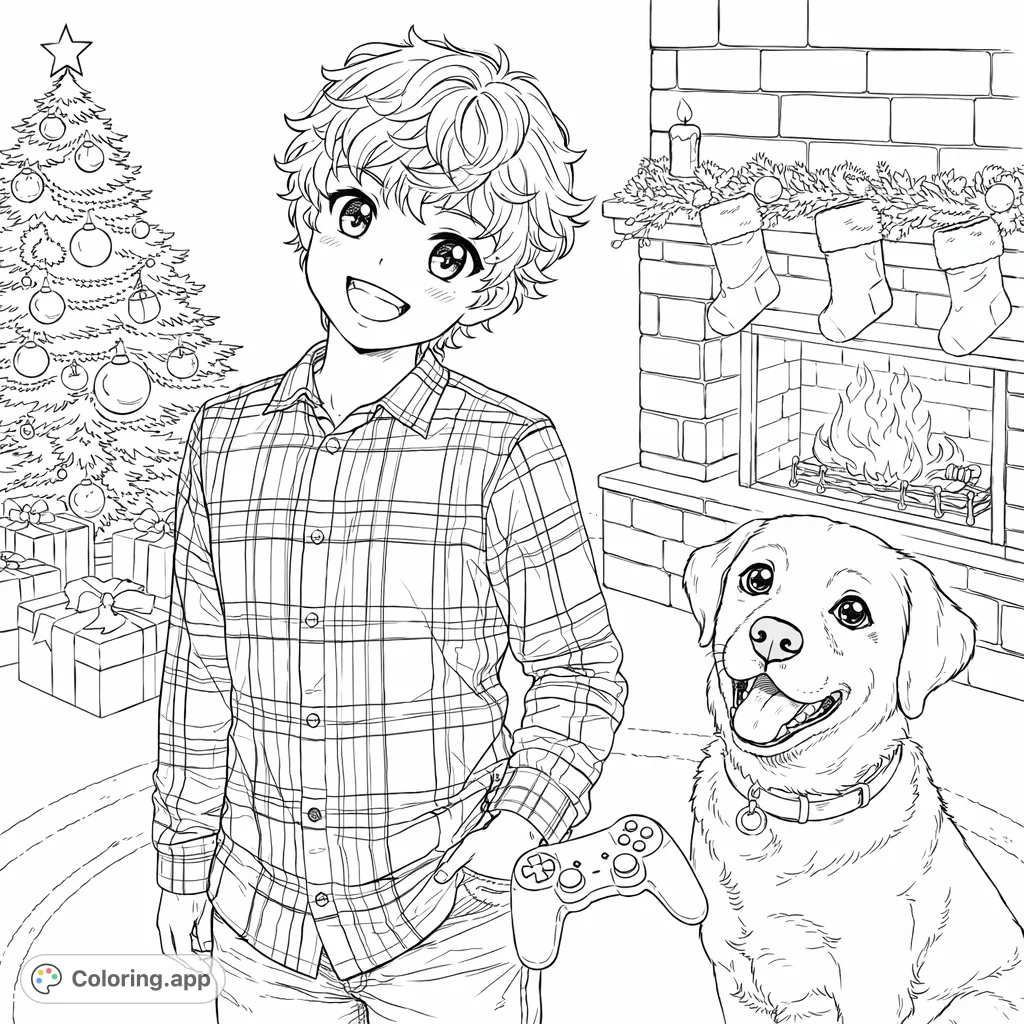 A cheerful anime-style boy in plaid celebrates the holidays with a Labrador dog, surrounded by a fireplace, Christmas tree, and gaming fun.