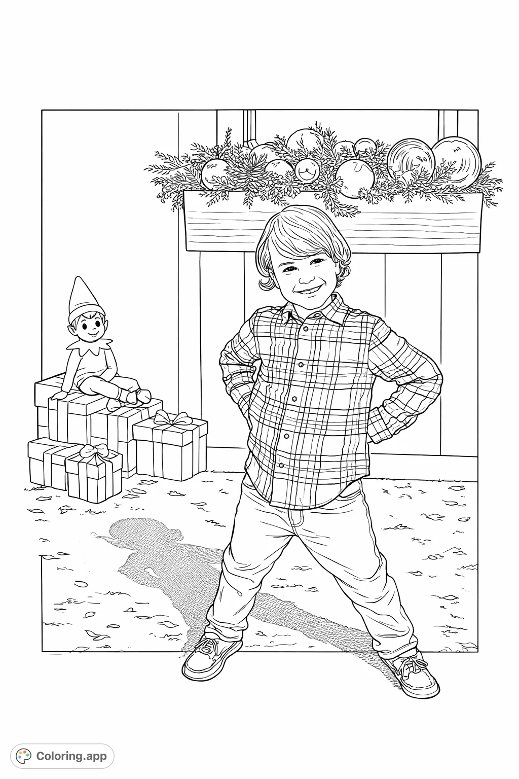 A joyful child poses by a festive window box adorned with foliage and ornaments, bringing holiday cheer to any coloring page.