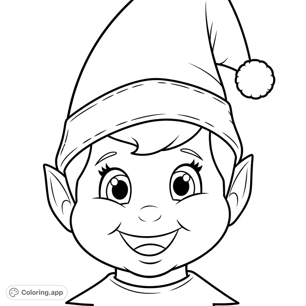 Capture holiday cheer with this Elf on the Shelf coloring page. A friendly elf face beams with a wide smile, featuring pointy ears and a festive hat, perfect for Christmas fun!