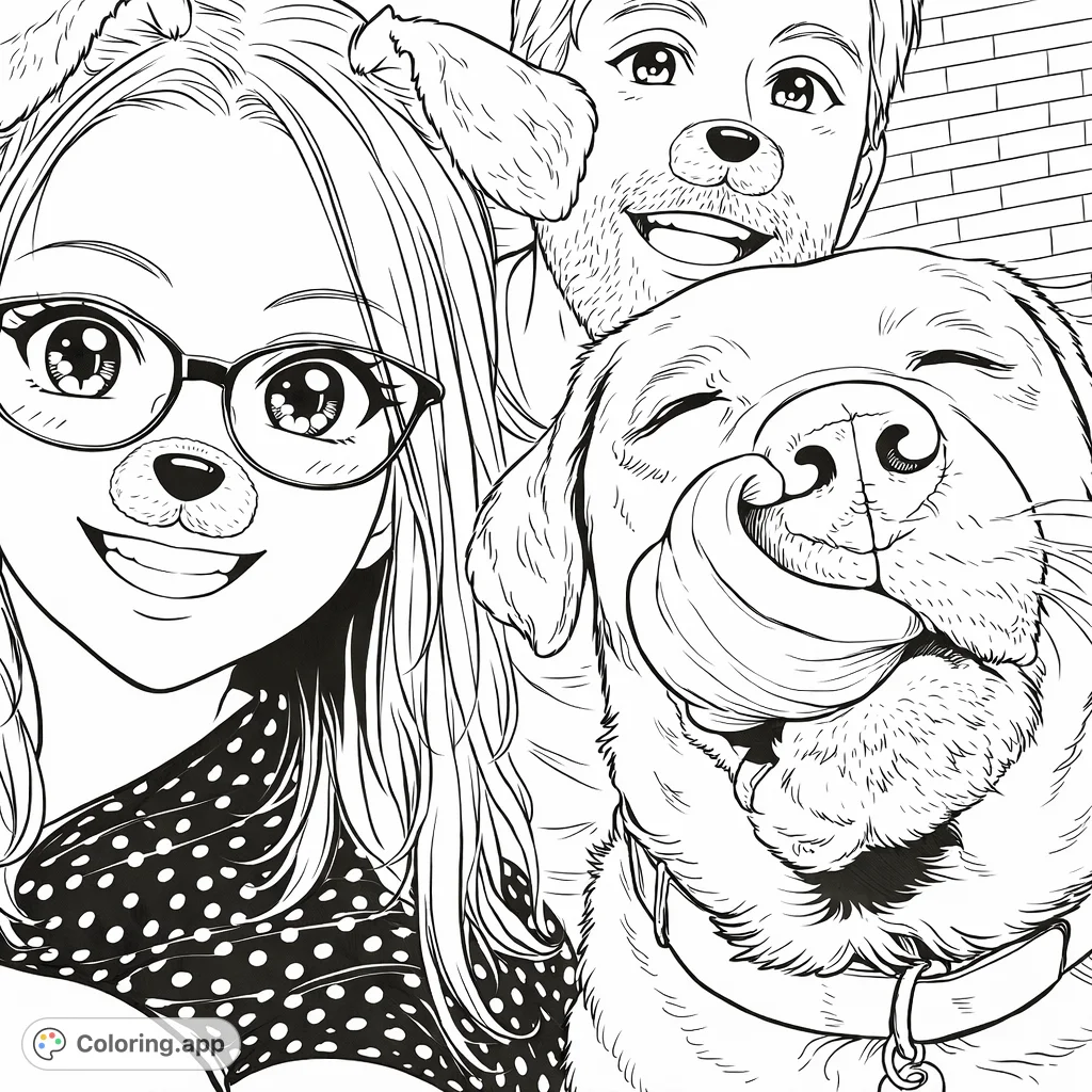 A delightful anime-inspired coloring page featuring two smiling individuals and their lovable dog, all adorned with fun puppy filter elements. A heartwarming scene!