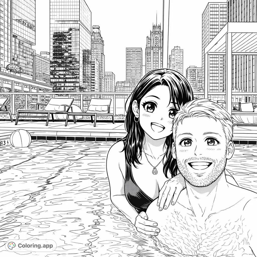 Capture the joy of a couple relaxing in a rooftop pool with a city skyline backdrop. This anime-inspired coloring page offers intricate details for an engaging experience.