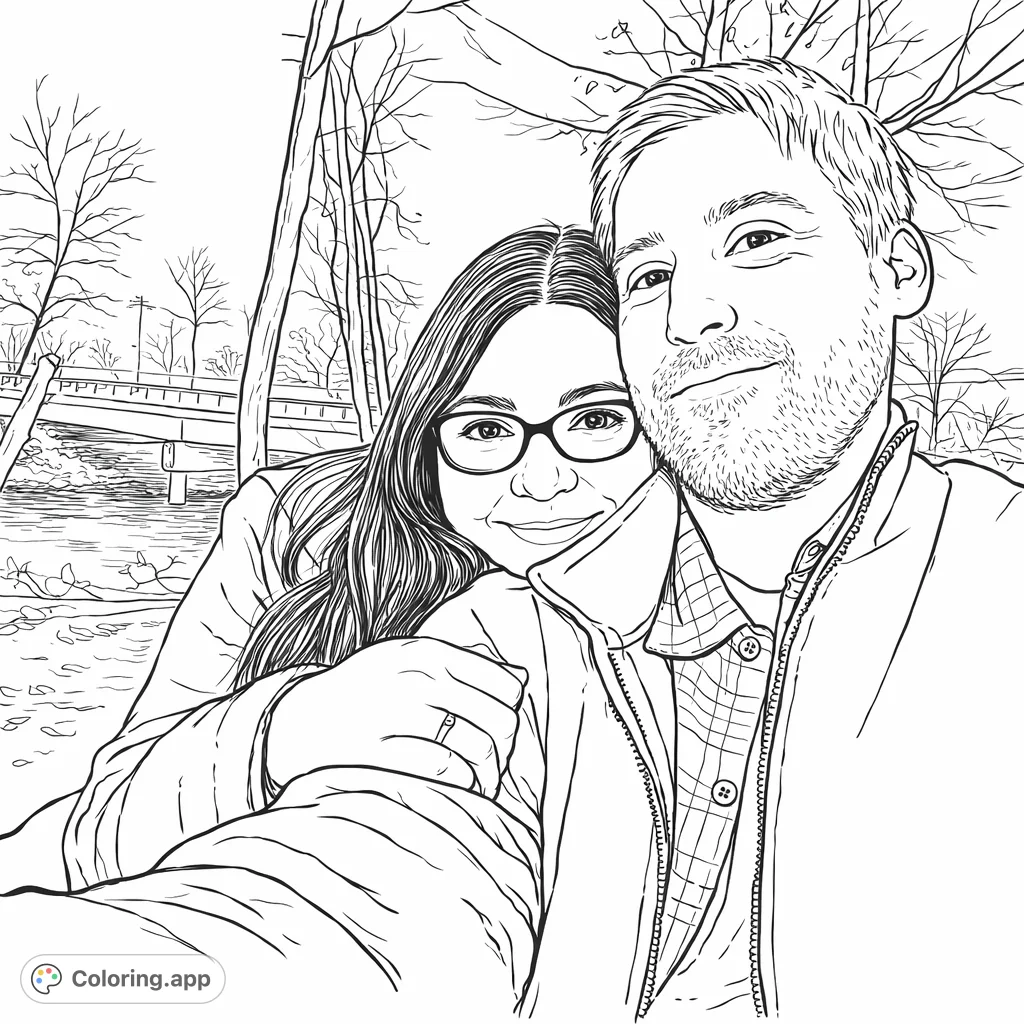 Capture a tender moment between a couple outdoors. A man and woman embrace, set against a background of leafless trees, a flowing river, and a distant bridge.
