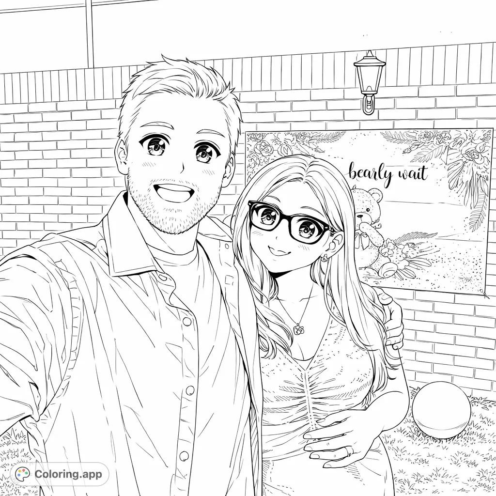 Celebrate new beginnings with this charming anime-inspired coloring page featuring an expectant couple and a festive teddy bear banner.