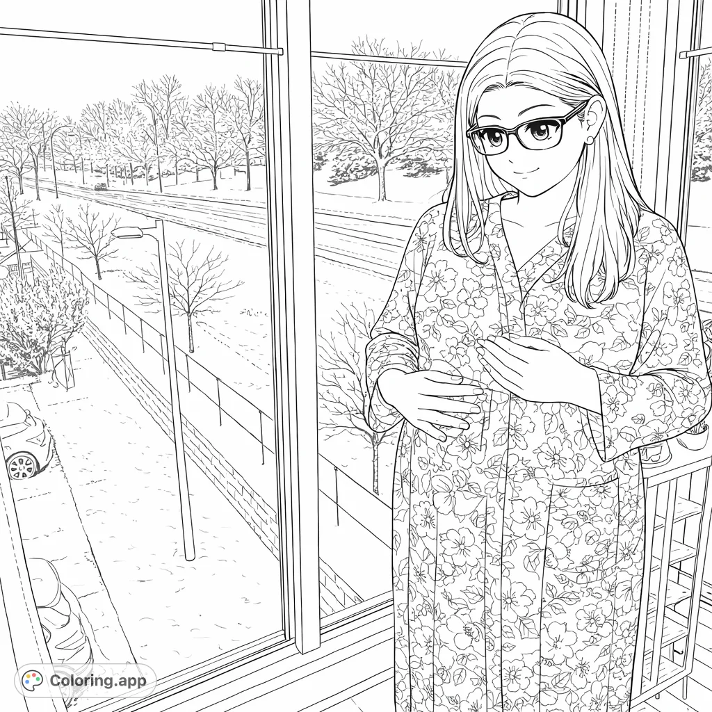 A serene anime-inspired maternity coloring page features an expectant mother by a snowy window, perfect for quiet reflection and creative coloring. Free printable.