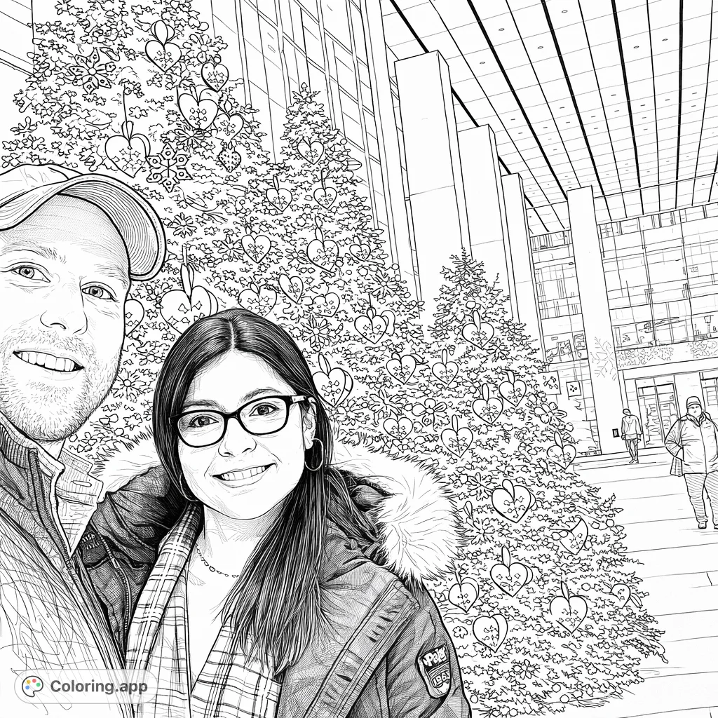A heartwarming holiday coloring page featuring a smiling couple amidst grand, decorated evergreen trees in a sophisticated indoor setting, perfect for festive creativity.