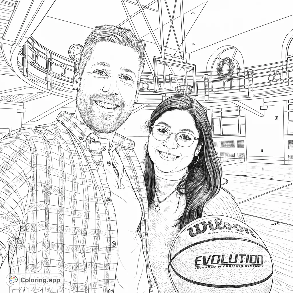 Capture a smiling couple in a realistic gym setting with a basketball. This detailed coloring page features realistic figures and a dynamic background.