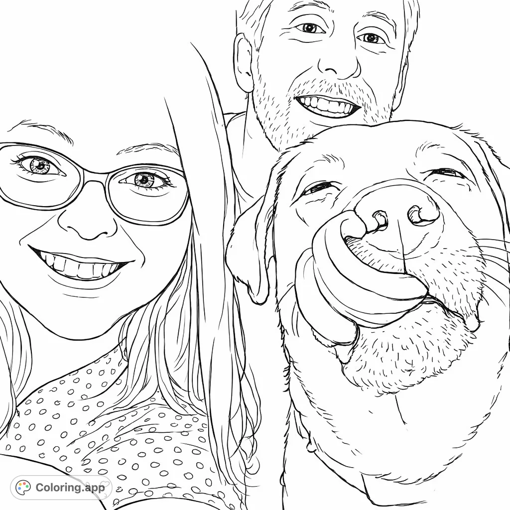 A cheerful group including a woman, man, and dog, all wearing playful dog filters, captured in a heartwarming moment. Perfect for a fun coloring session.