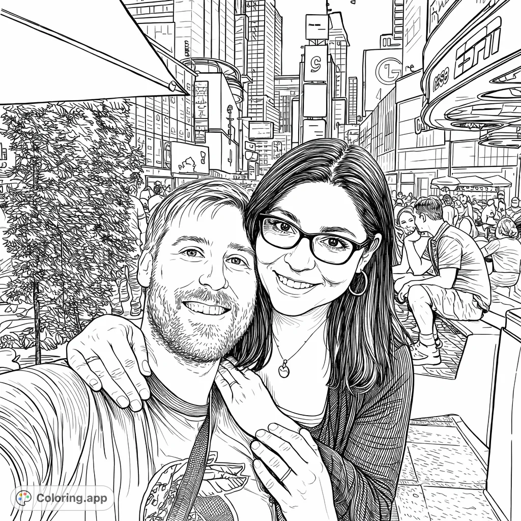 A romantic cityscape coloring page featuring a couple framed against a bustling metropolis at night, perfect for a detailed artistic challenge.