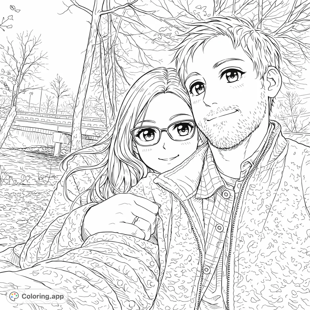 Capture a tender moment of a couple embracing by a tranquil river, surrounded by intricate tree branches and a distant bridge. An intricate design perfect for romantic coloring.